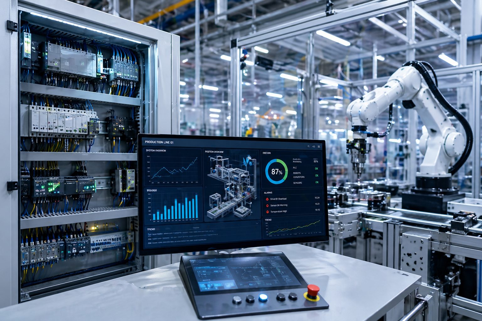 Armario eléctrico industrial con SCADA y brazo robótico en línea de producción