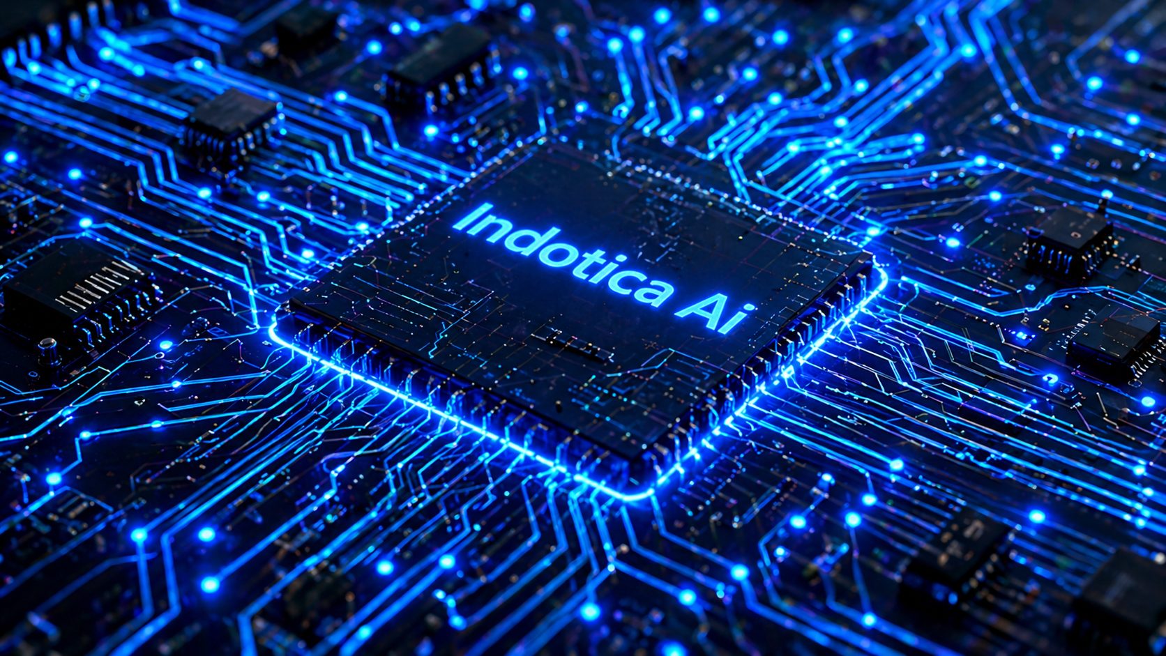 Chip "Indotica AI" sobre placa de circuito impreso azul brillante